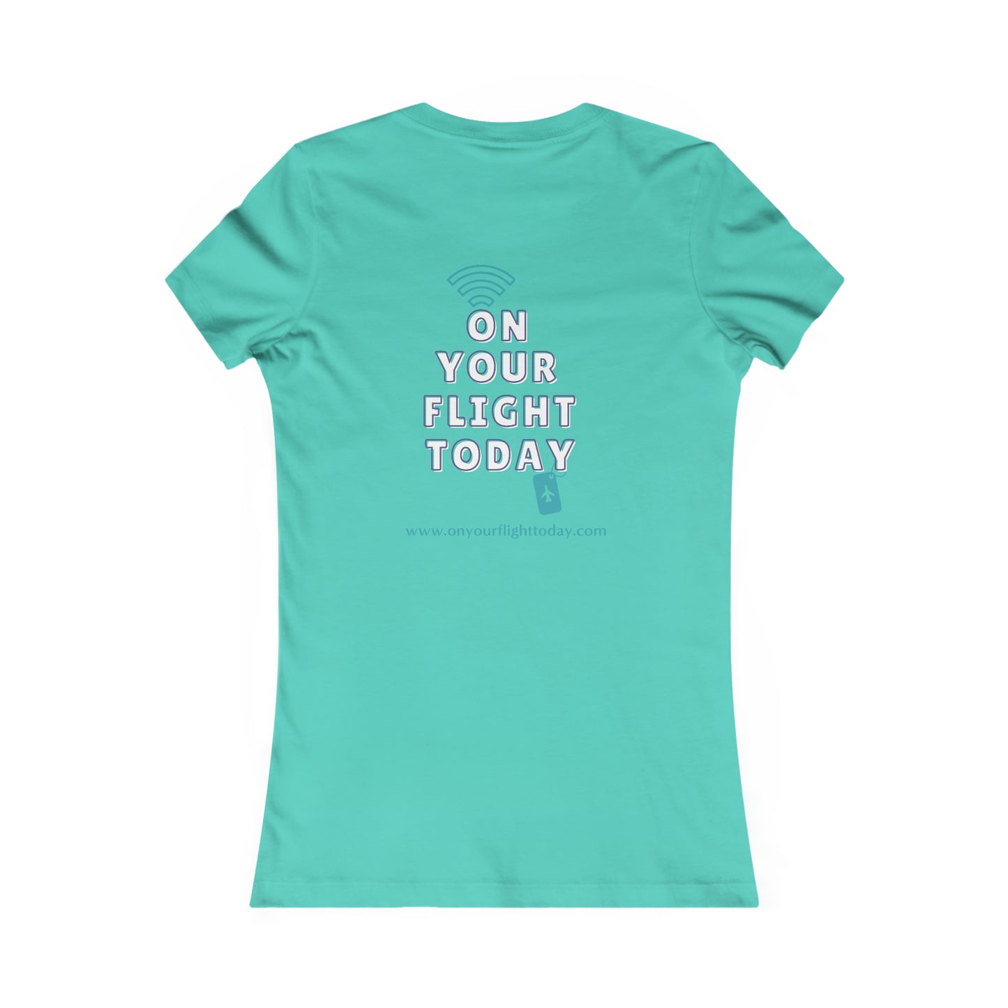 Teal back of tee with the On Your Flight Today logo