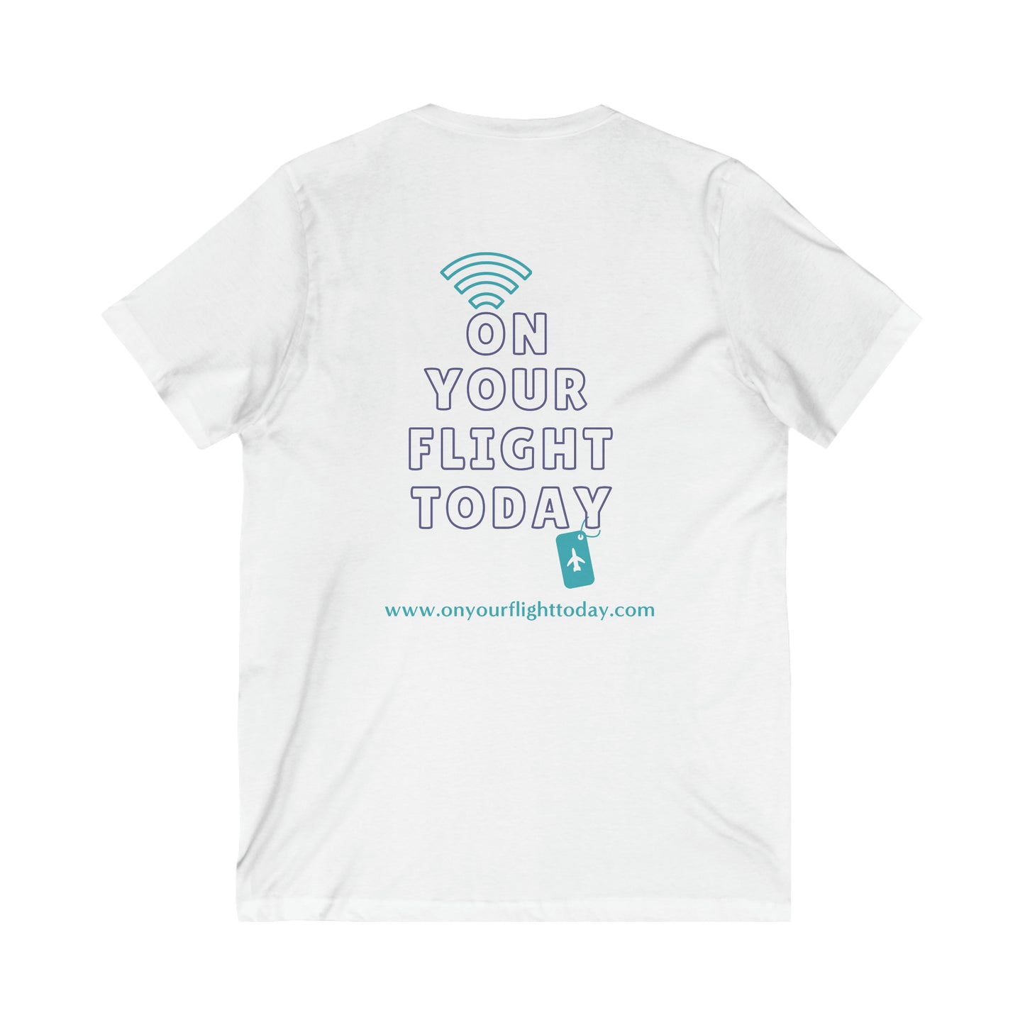 WHite tee back of tee with the On Your Flight Today logo