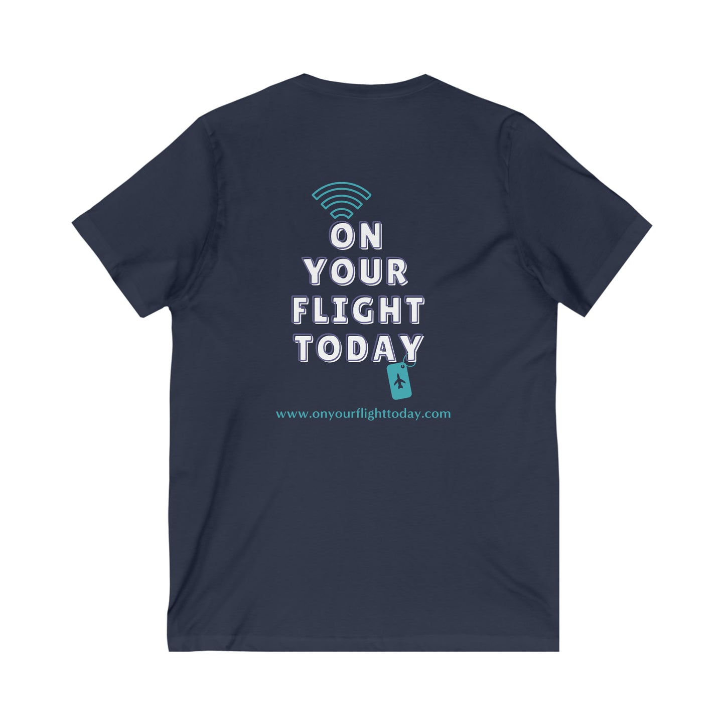 Navy back of tee with the On Your Flight Today logo