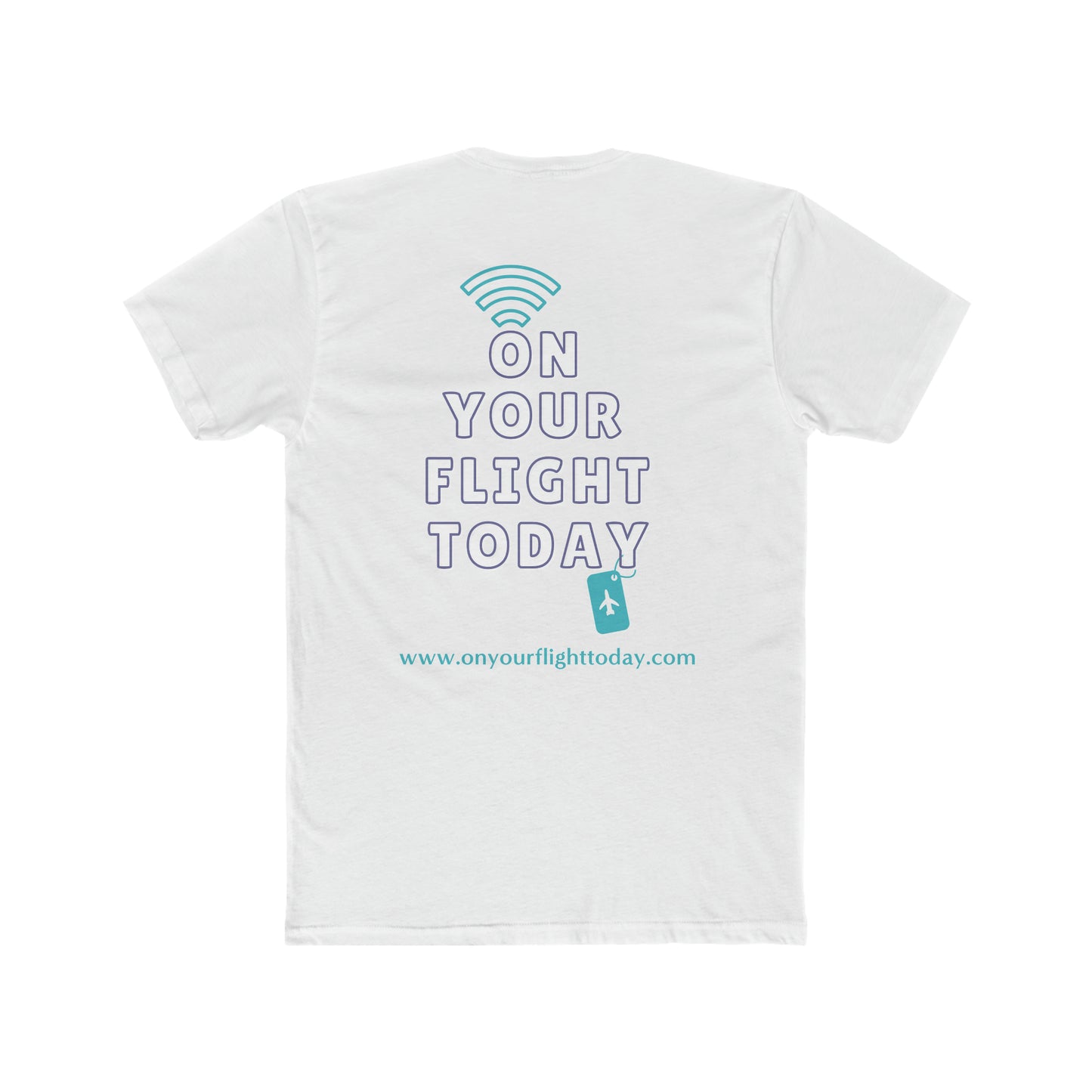 White back of tee with the On Your Flight Today logo