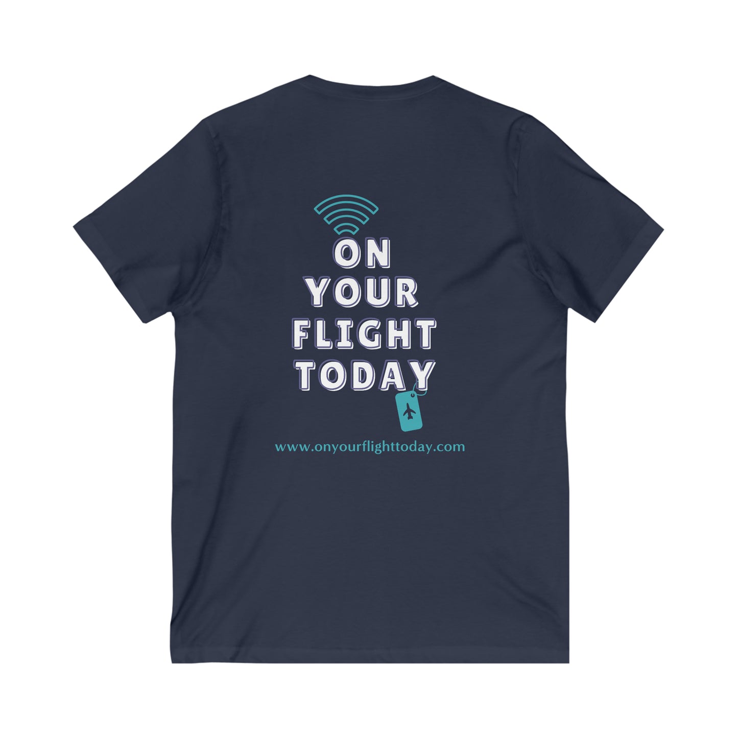 Navy back of tee with the On Your Flight Today logo