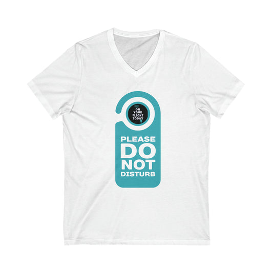 White tee with do not disturb tag with text 'Please do not disturb' in green and the OYFT logo where the door knob would be. 