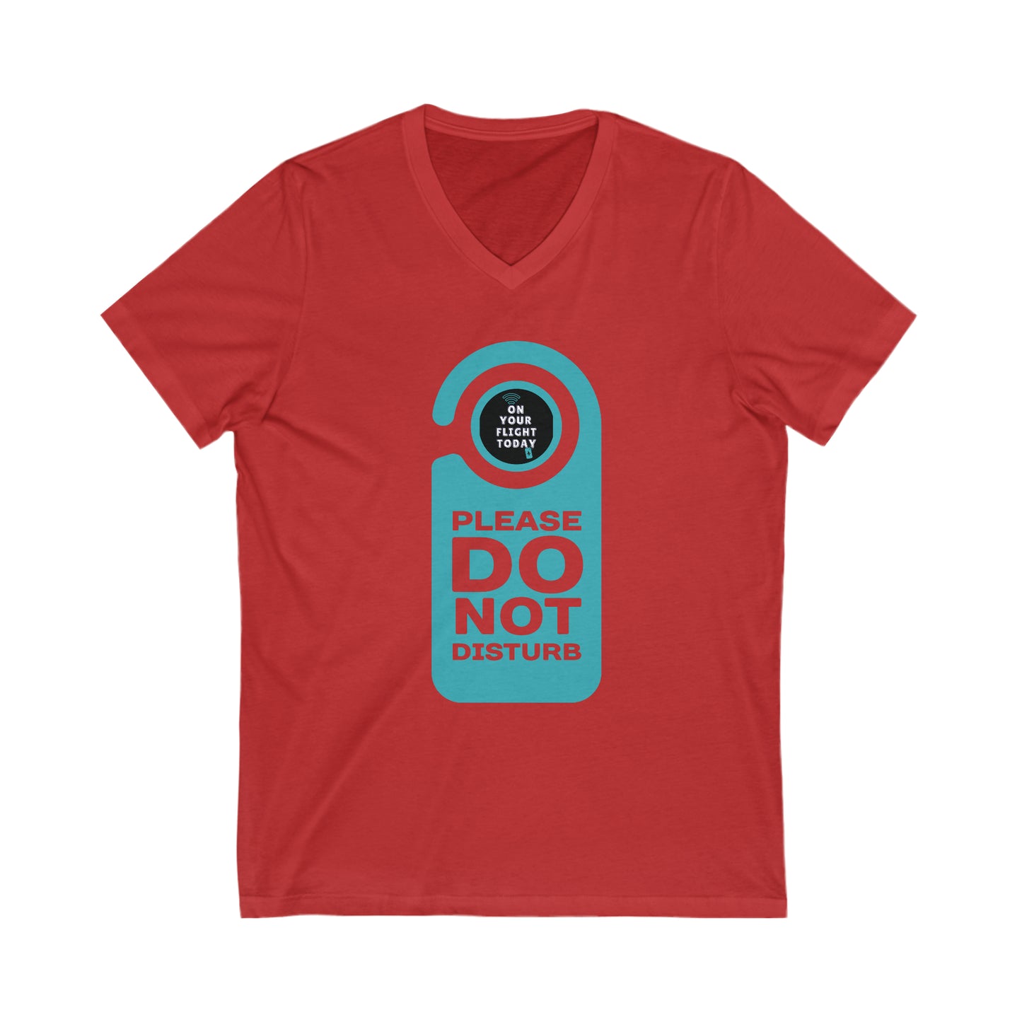 Red tee with do not disturb tag with text 'Please do not disturb' in green and the OYFT logo where the door knob would be. 