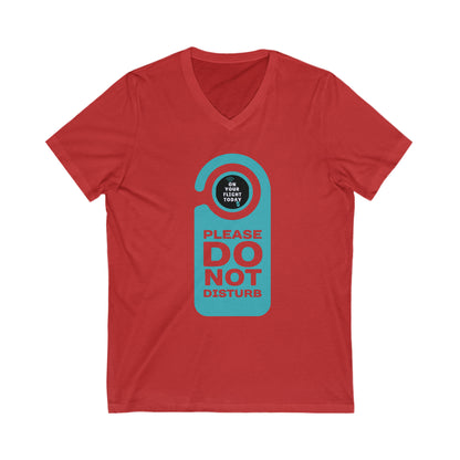 Red tee with do not disturb tag with text 'Please do not disturb' in green and the OYFT logo where the door knob would be. 