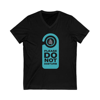 Black tee with do not disturb tag with text 'Please do not disturb' in green and the OYFT logo where the door knob would be. 