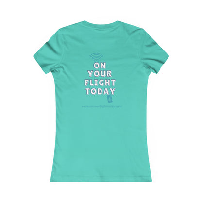 Teal back of tee with the On Your Flight Today logo 