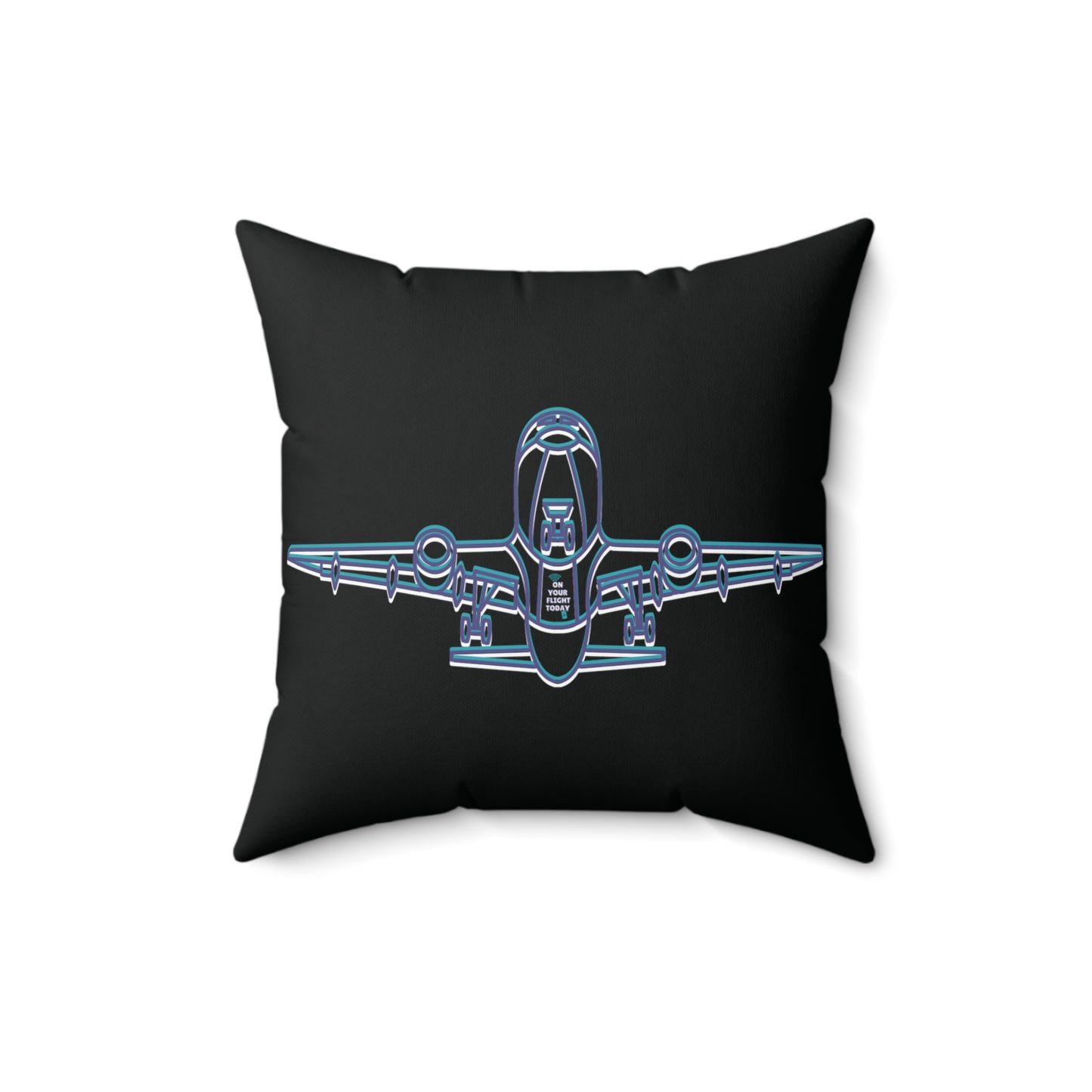 Front of pillow Black pillow displaying outline of the underneath of an aircraft. 
