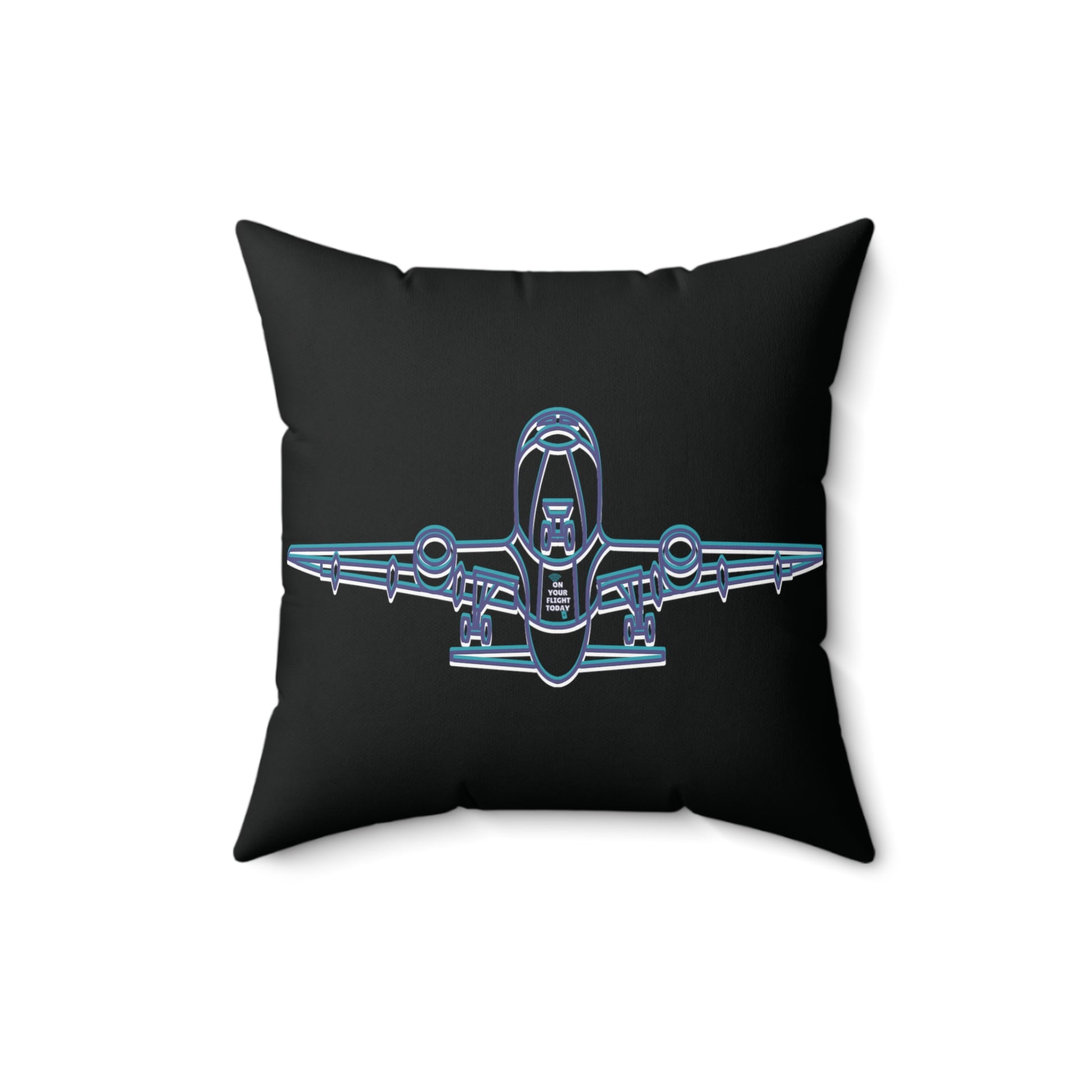 Front of pillow Black pillow displaying outline of the underneath of an aircraft. 