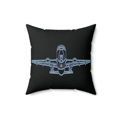Front of pillow Black pillow displaying outline of the underneath of an aircraft. 