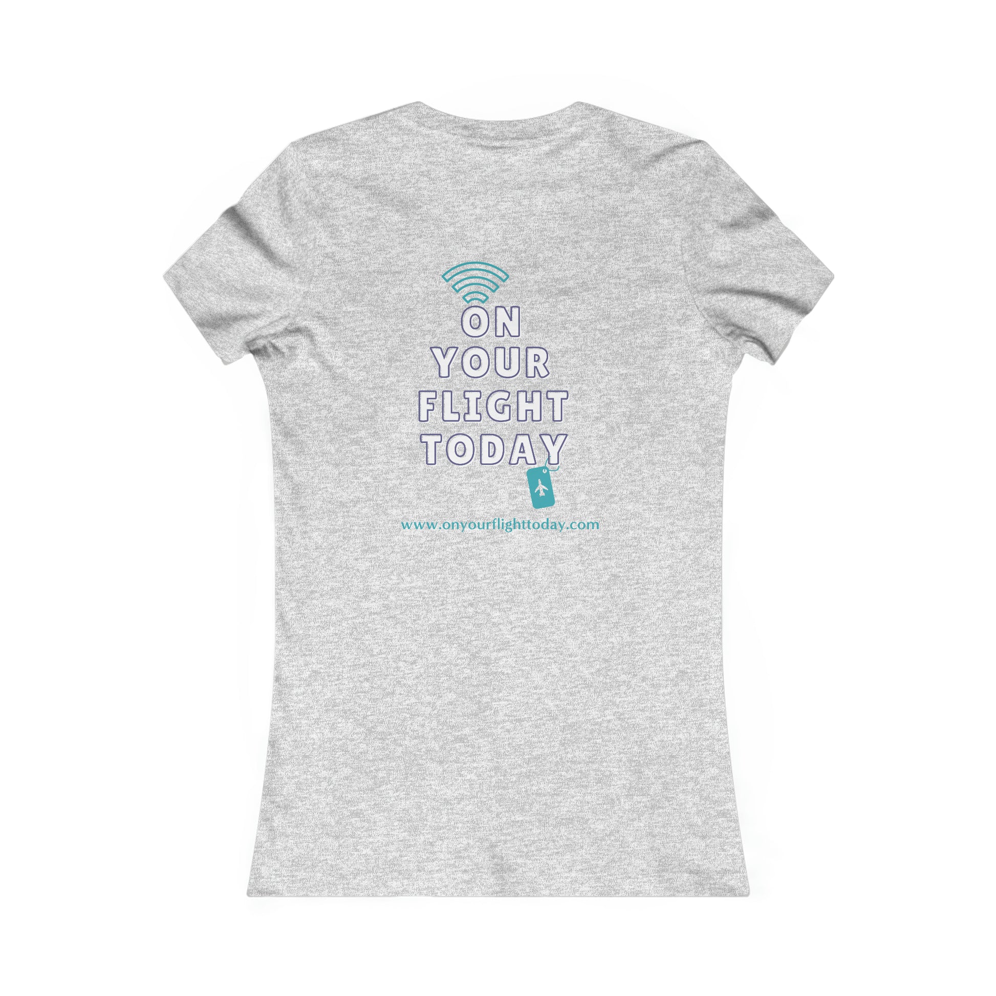 Athletic Heather back of tee with the On Your Flight Today logo 