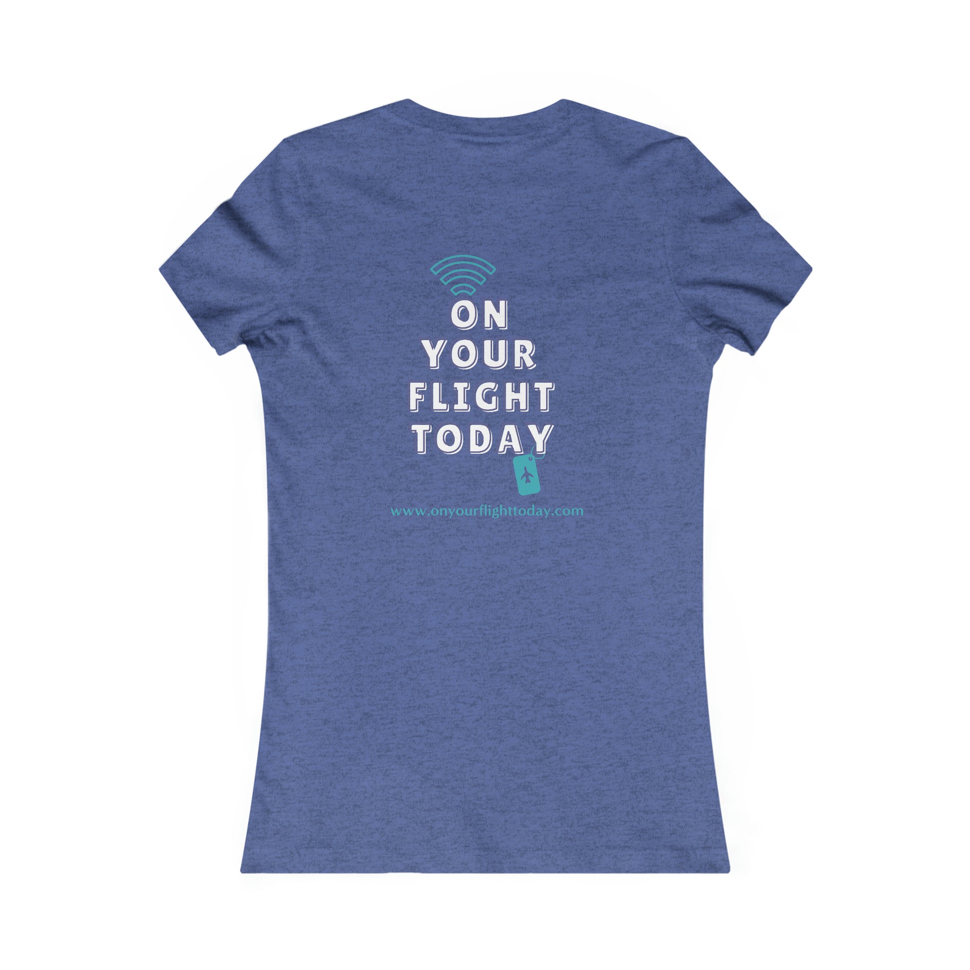 Heather True Royal back of tee with the On Your Flight Today logo 