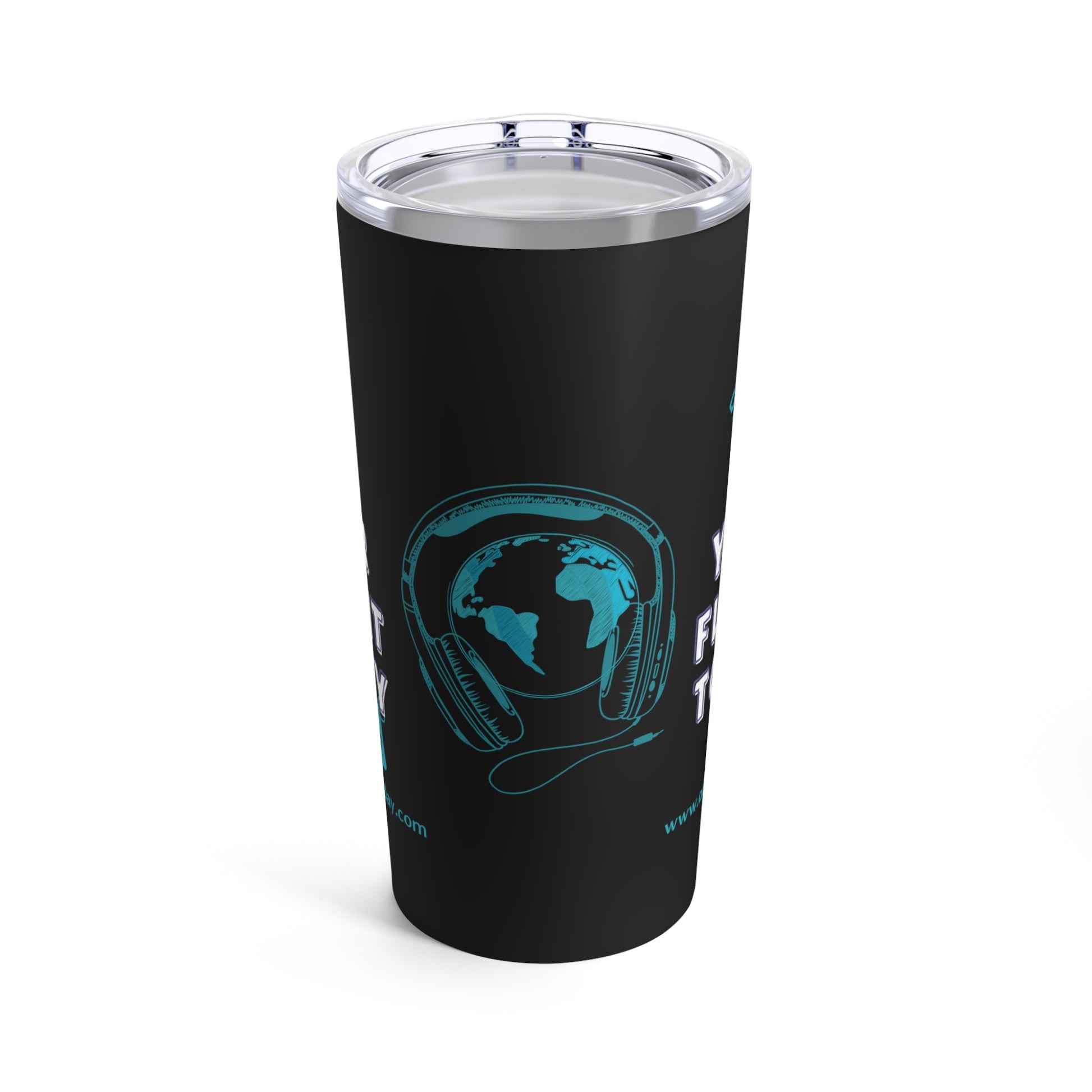 Black tumbler with an image of the world surrounded by headsets in green with the OYFT logo on each side. 