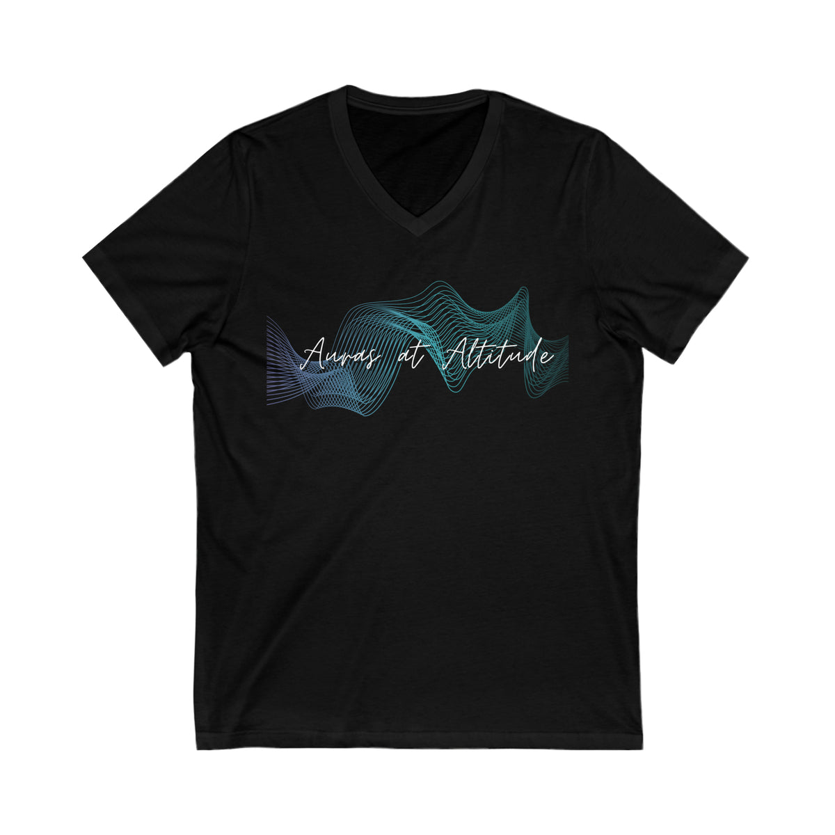 Auras at Altitude signature logo tee with text Auras of Altitude. Logo is a set of wave forms in colours green, purple and white.