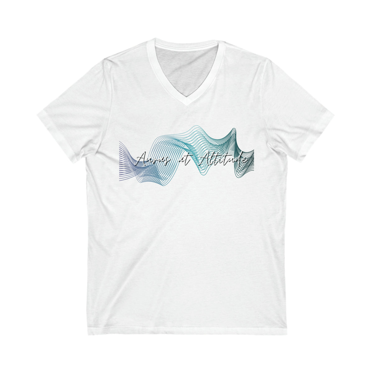 White tee Auras at Altitude signature logo tee with text Auras of Altitude. Logo is a set of wave forms in colours green, purple and white.
