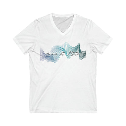 White tee Auras at Altitude signature logo tee with text Auras of Altitude. Logo is a set of wave forms in colours green, purple and white.