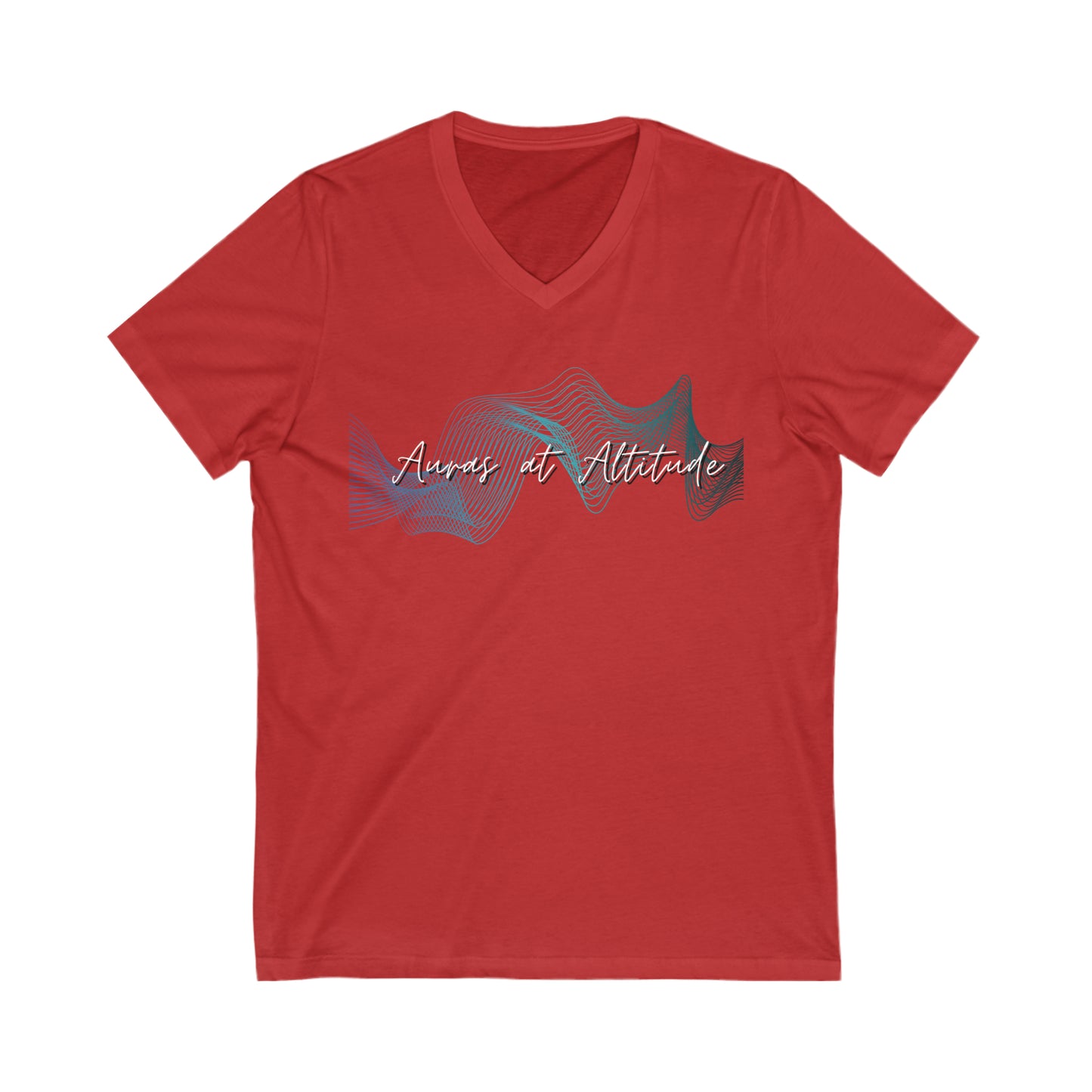 Red tee Auras at Altitude signature logo tee with text Auras of Altitude. Logo is a set of wave forms in colours green, purple and white.