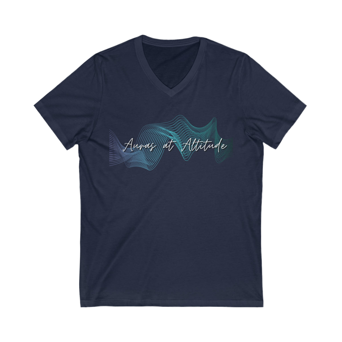 Navy tee Auras at Altitude signature logo tee with text Auras of Altitude. Logo is a set of wave forms in colours green, purple and white.