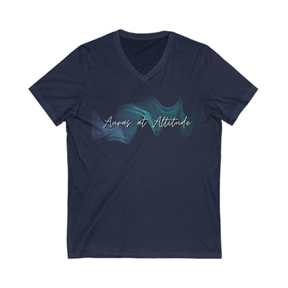 Navy tee Auras at Altitude signature logo tee with text Auras of Altitude. Logo is a set of wave forms in colours green, purple and white.