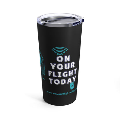 Black tumbler with an image of the world surrounded by headsets in green with the OYFT logo on each side. 