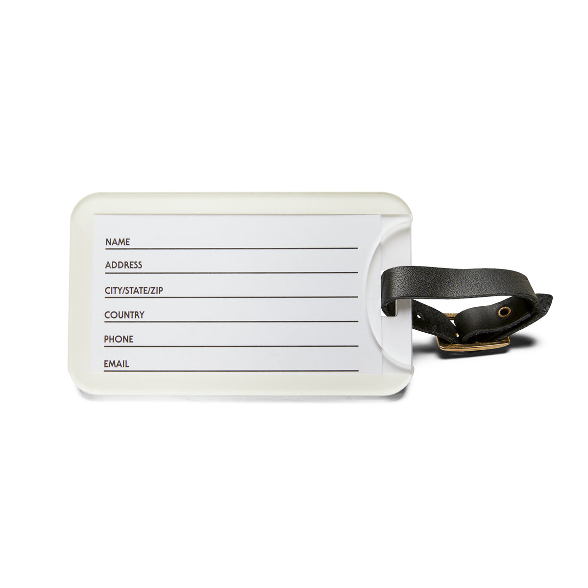 Reverse of luggage tag showing fields where you can write Name, Address, City/State/Zip, Country, Phone and Email. 