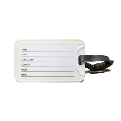 Reverse of luggage tag showing fields where you can write Name, Address, City/State/Zip, Country, Phone and Email. 