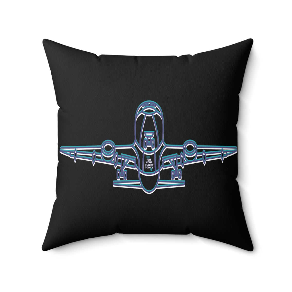Black pillow displaying outline of the underneath of an aircraft. 