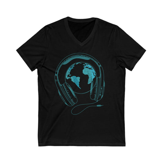 Black tee with green image of the world surround by a pair of headphones. 