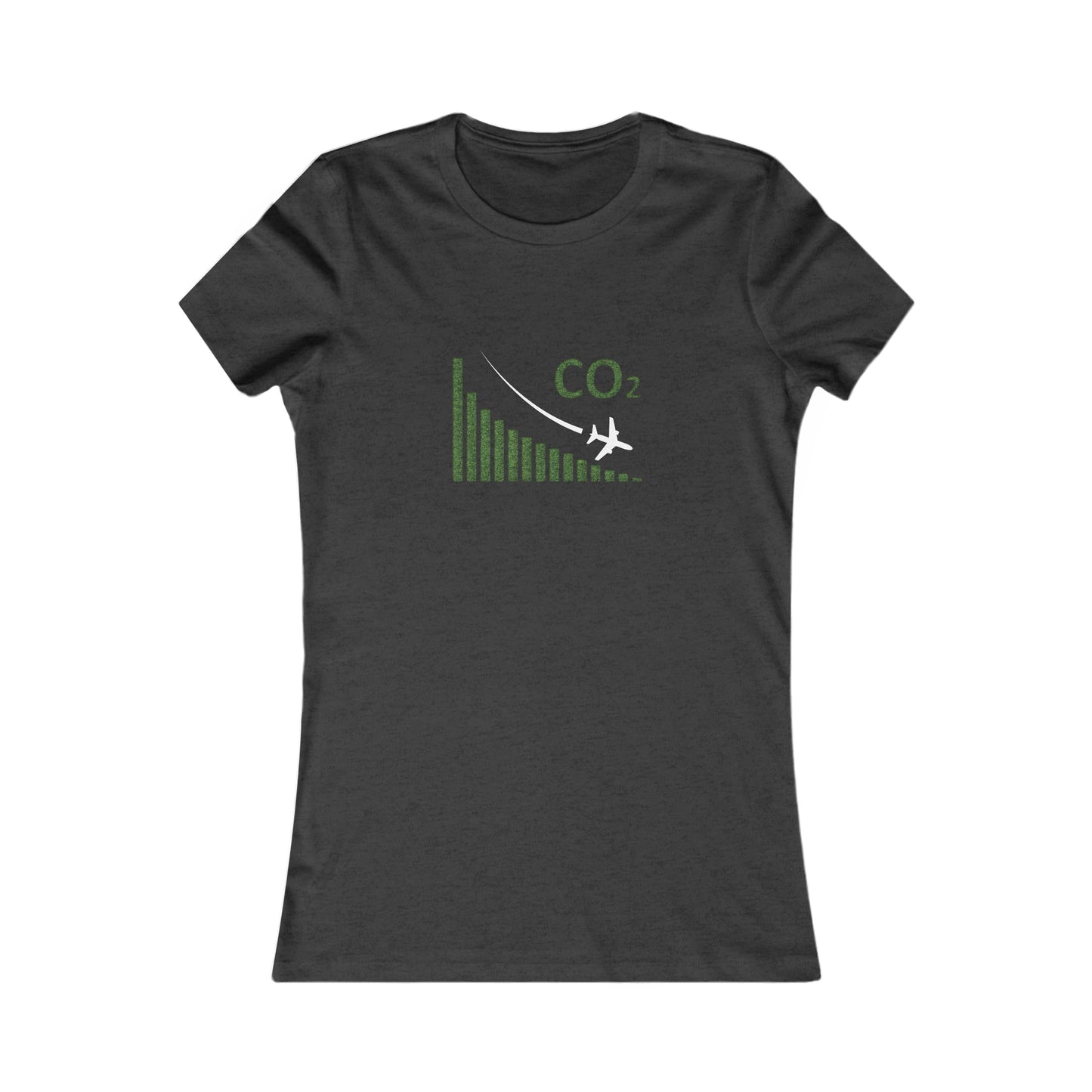Dark Gray Heather tee with image of a chart with a plane flying downwards and the text CO2 above to denote decreasing CO2 emissions. 