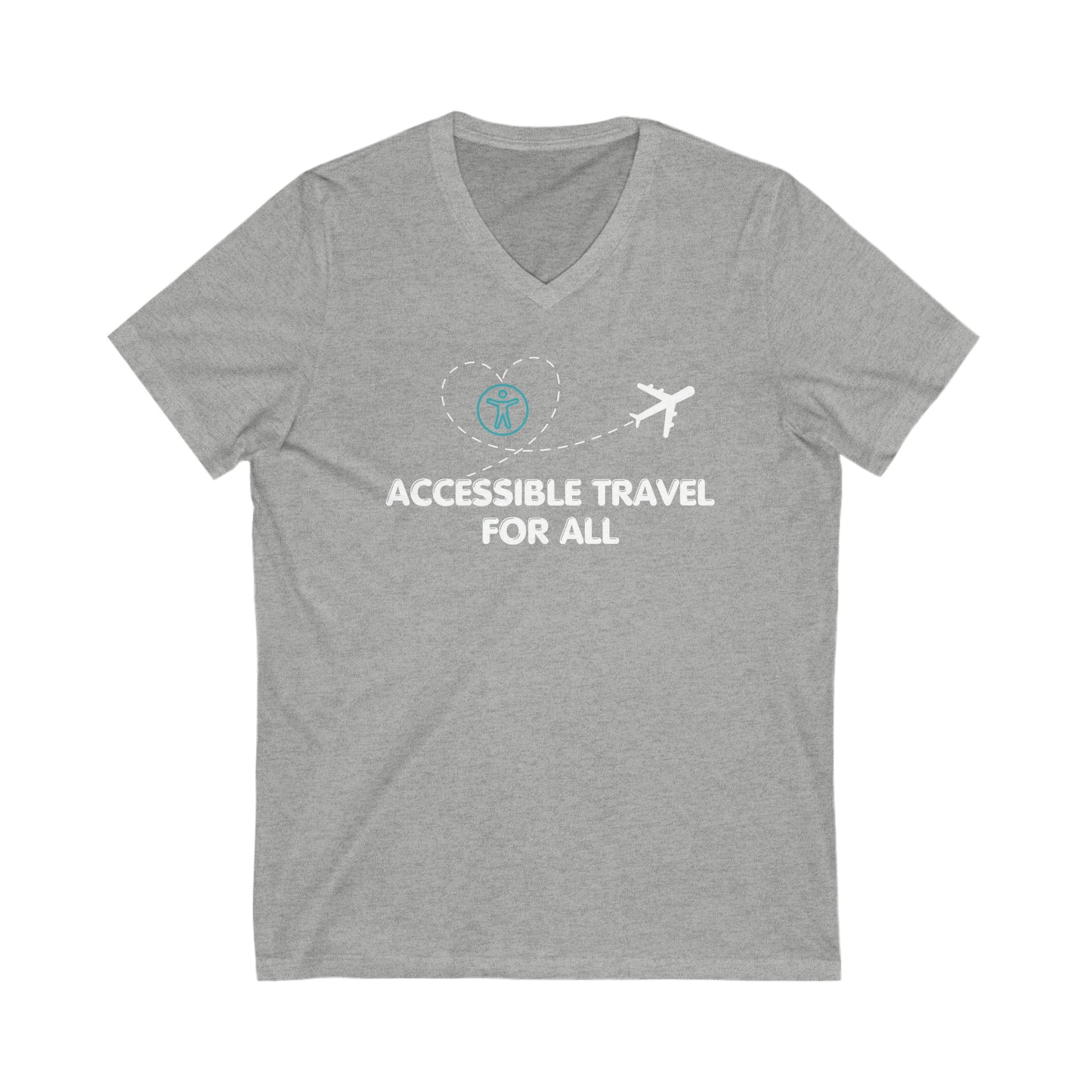 Gray  tee with a white plane that has a trail in the shape of a heart that has the accessible logo within it. text below reads "Accessible travel for all"