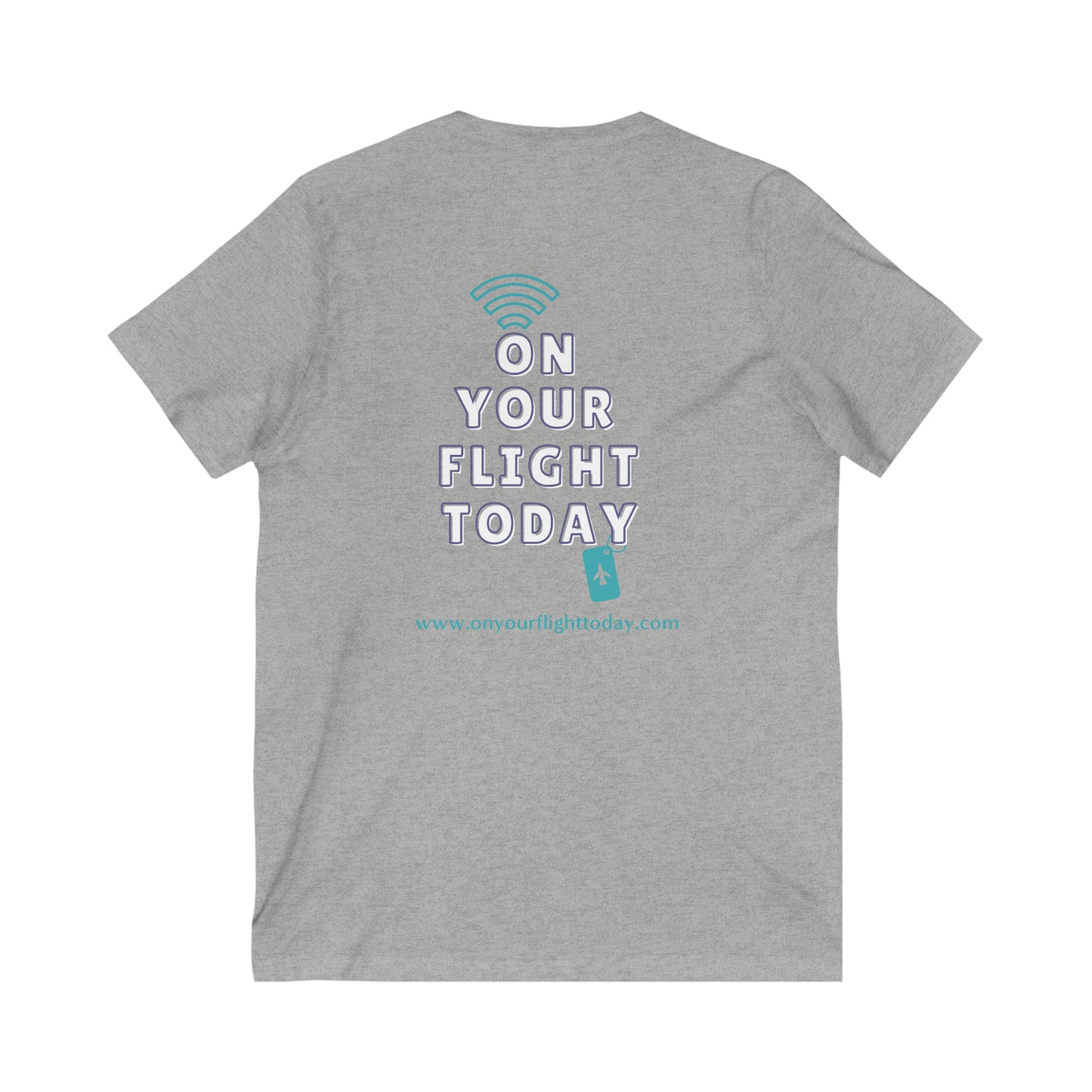 Gray back of tee with the On Your Flight Today logo 