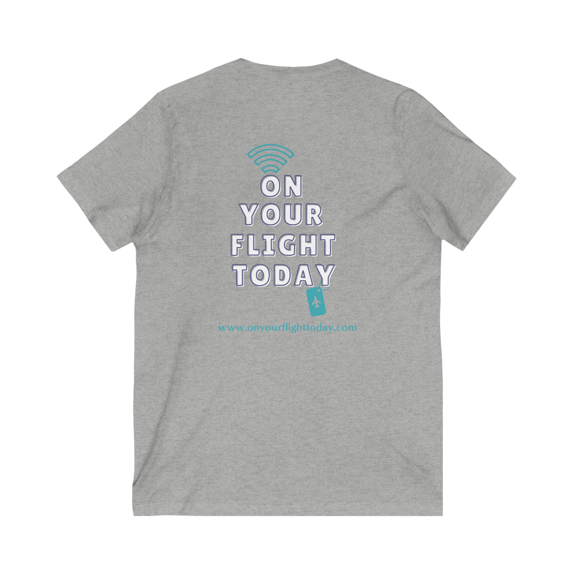 Gray back of tee with the On Your Flight Today logo 