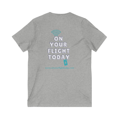Gray back of tee with the On Your Flight Today logo 