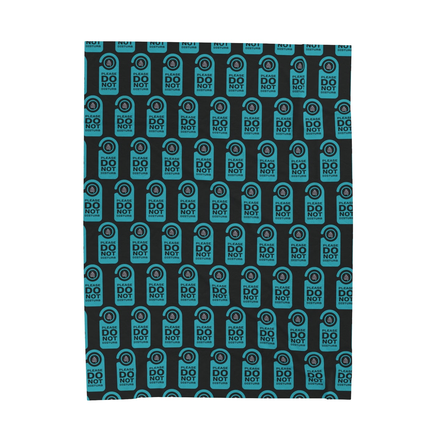 Black blanket with a repeated image of a door do not disturb tag with text 'Please do not disturb' in green and the OYFT logo where the door knob would be. 
