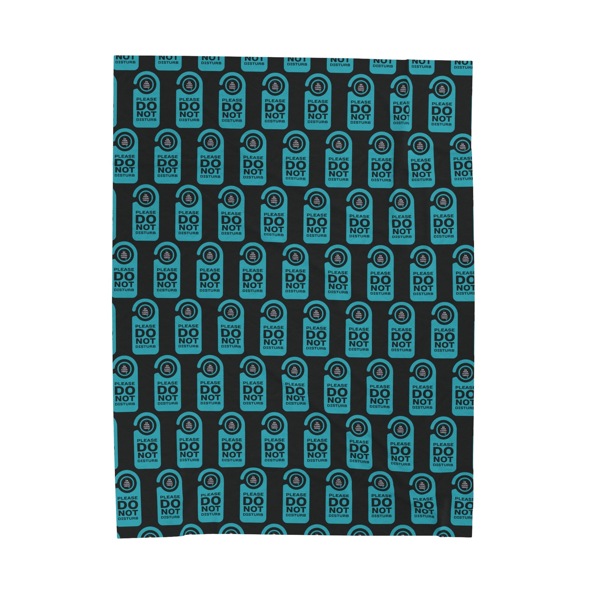Black blanket with a repeated image of a door do not disturb tag with text 'Please do not disturb' in green and the OYFT logo where the door knob would be. 