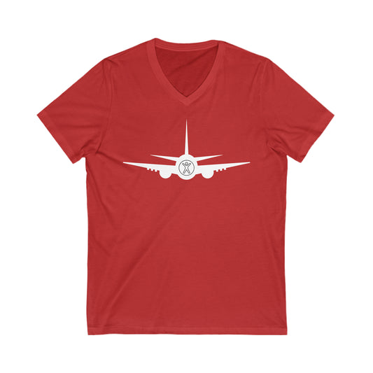 Red tee with white airplane with the nose showing the accessibility logo of a person with their arms up and legs spread.