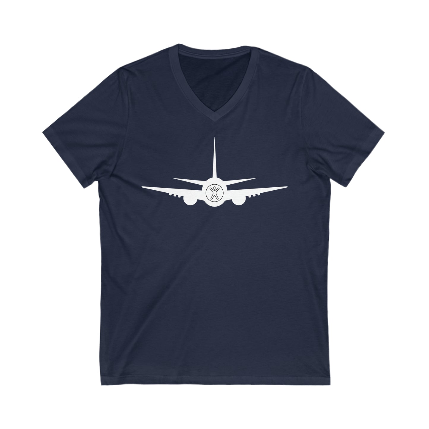 Navy tee with white airplane with the nose showing the accessibility logo of a person with their arms up and legs spread.