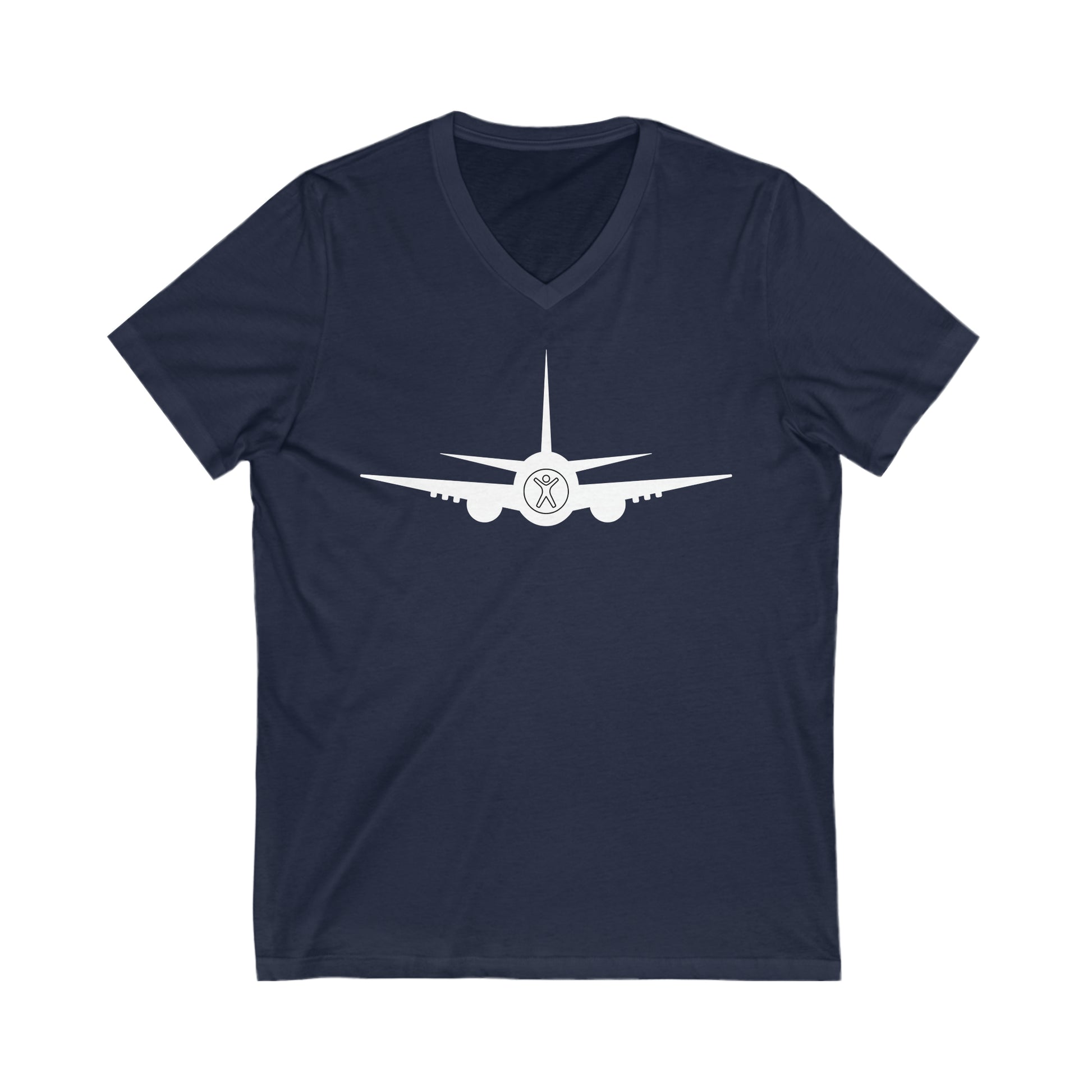 Navy tee with white airplane with the nose showing the accessibility logo of a person with their arms up and legs spread.