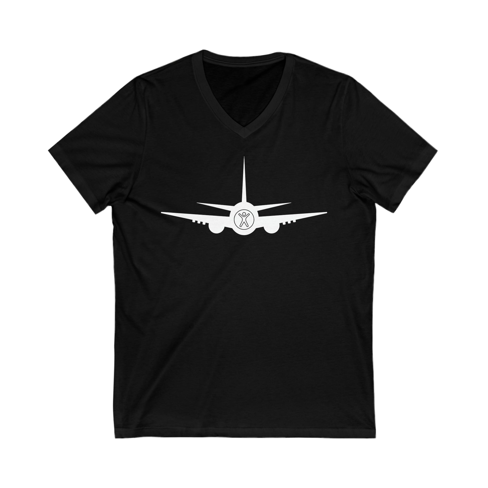Black tee with white airplane with the nose showing the accessibility logo of a person with their arms up and legs spread.