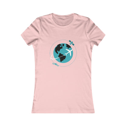 Pink tee with image of earth with a plane flying across it and two satellites in orbit.