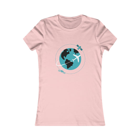 Pink tee with image of earth with a plane flying across it and two satellites in orbit.