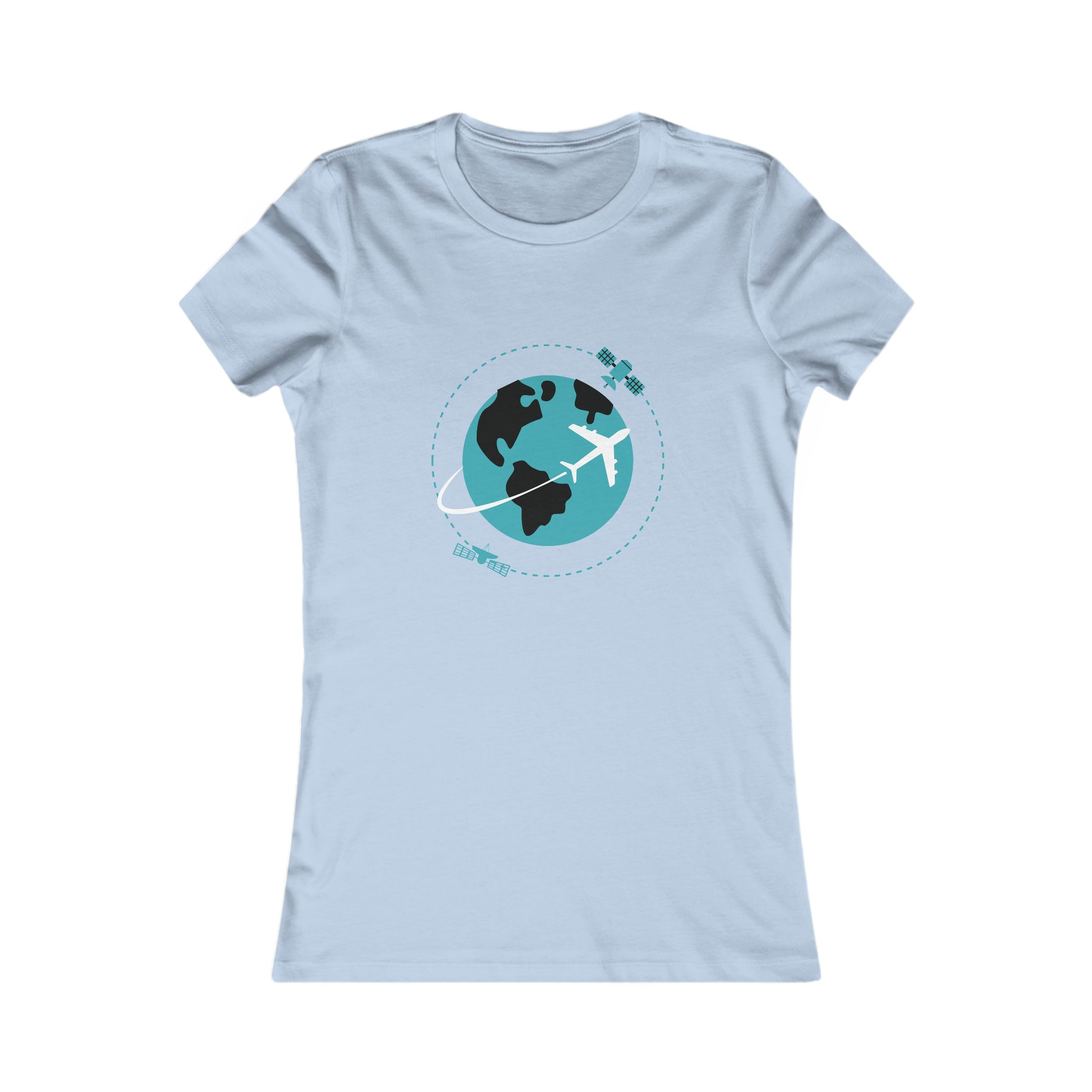 Baby Blue tee with image of earth with a plane flying across it and two satellites in orbit.
