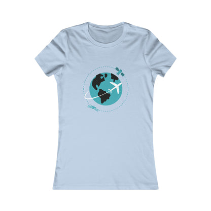 Baby Blue tee with image of earth with a plane flying across it and two satellites in orbit.