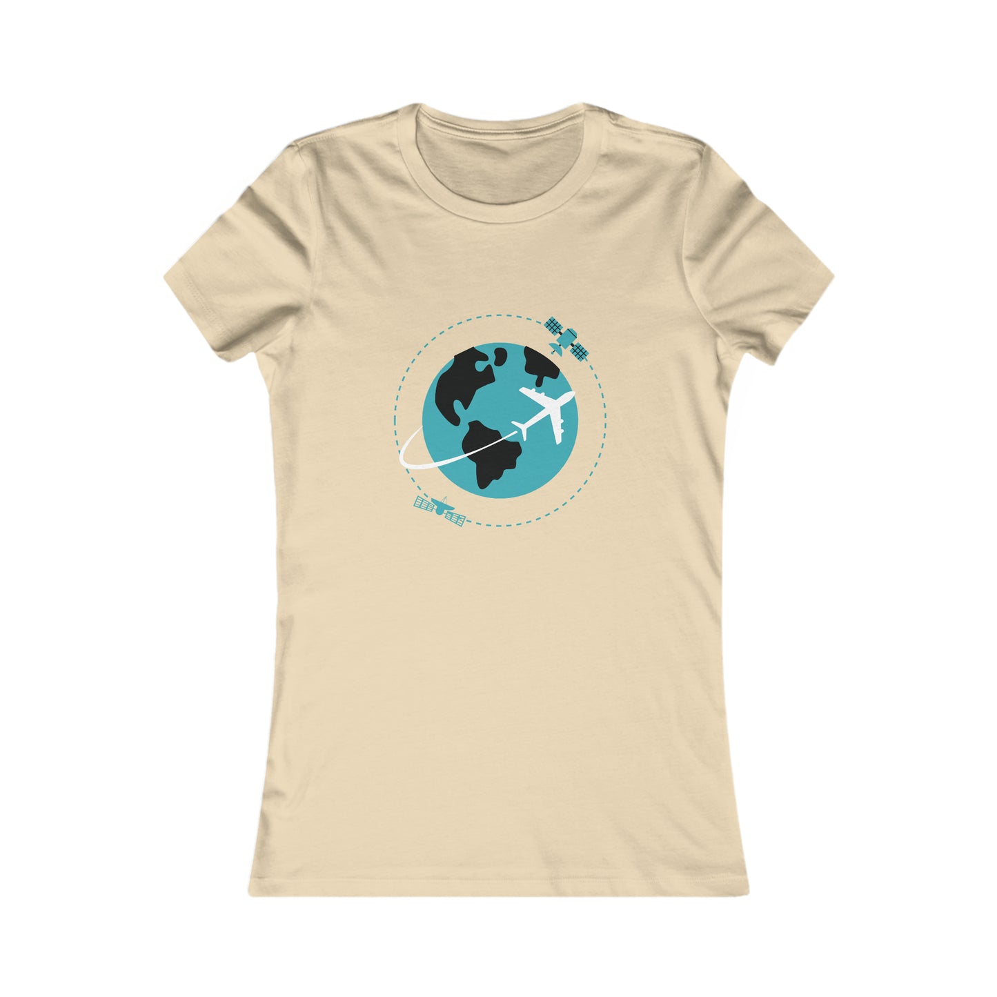 Soft Cream tee with image of earth with a plane flying across it and two satellites in orbit.