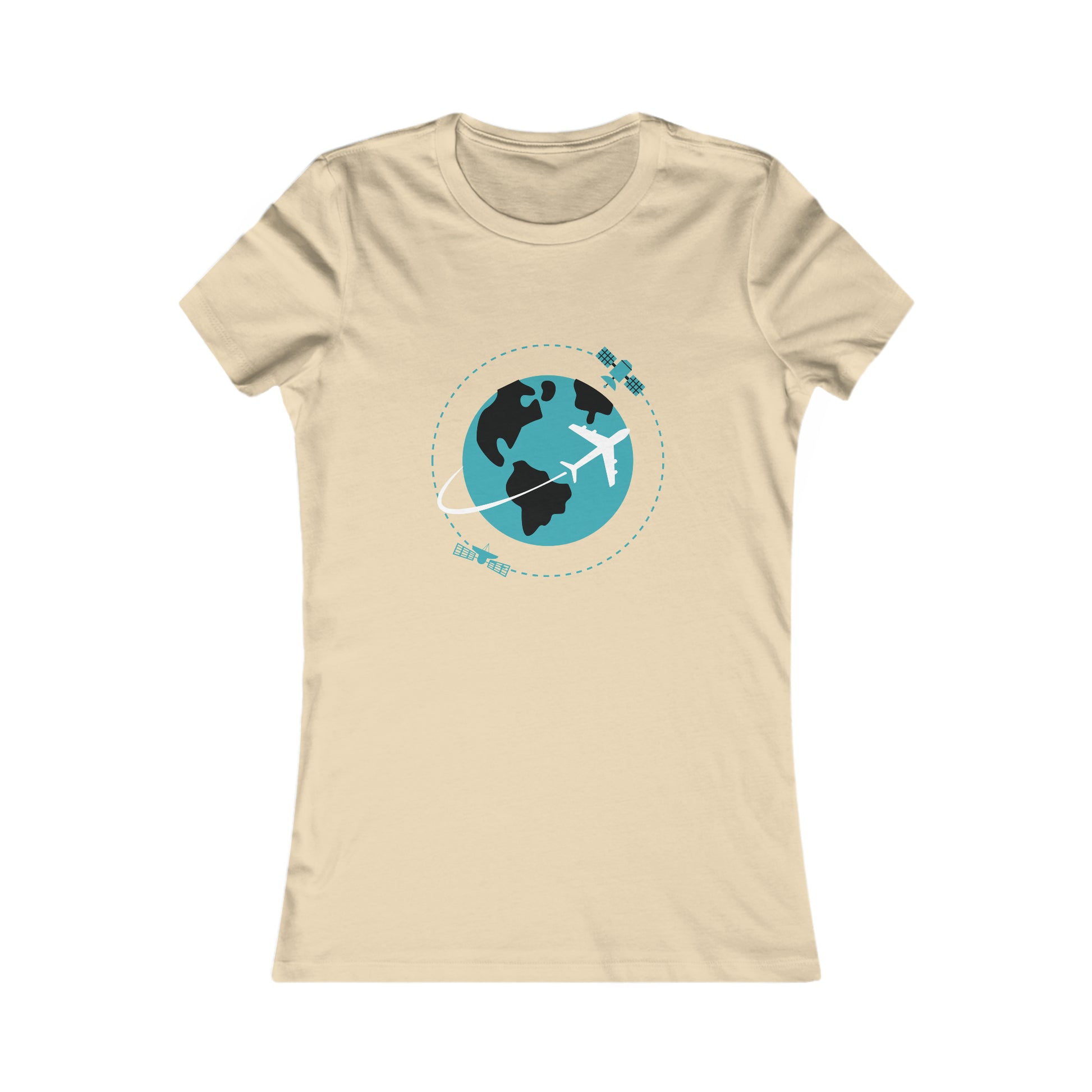 Soft Cream tee with image of earth with a plane flying across it and two satellites in orbit.
