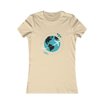 Soft Cream tee with image of earth with a plane flying across it and two satellites in orbit.