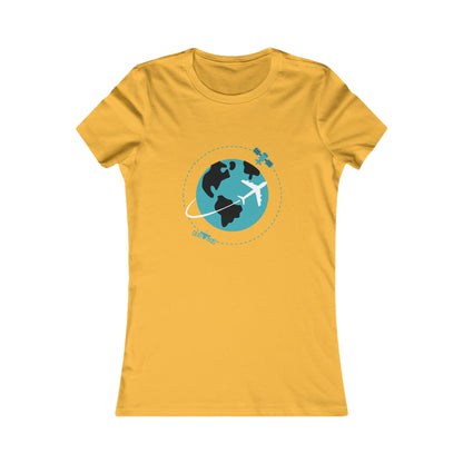 Gold tee with image of earth with a plane flying across it and two satellites in orbit.