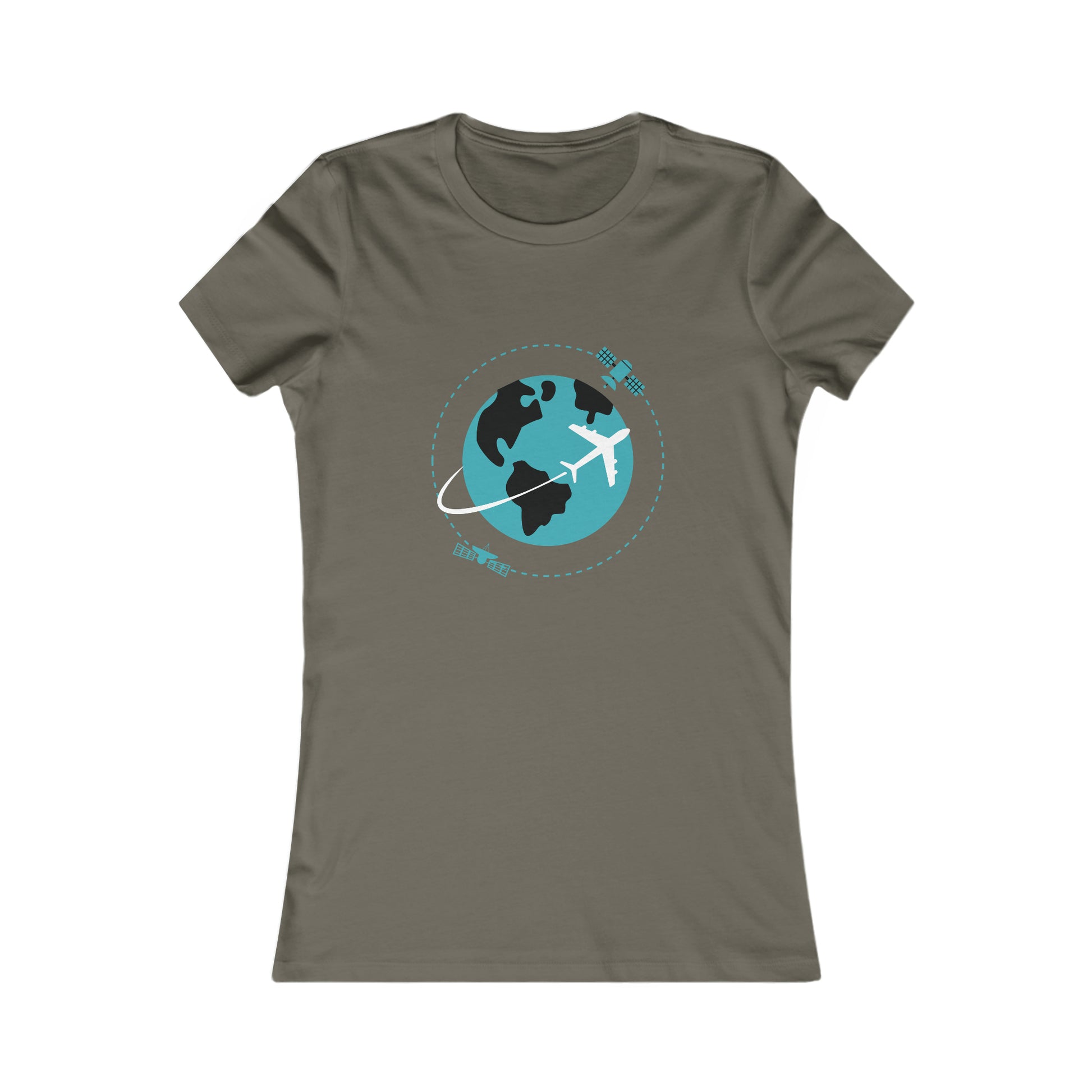 Army tee with image of earth with a plane flying across it and two satellites in orbit.
