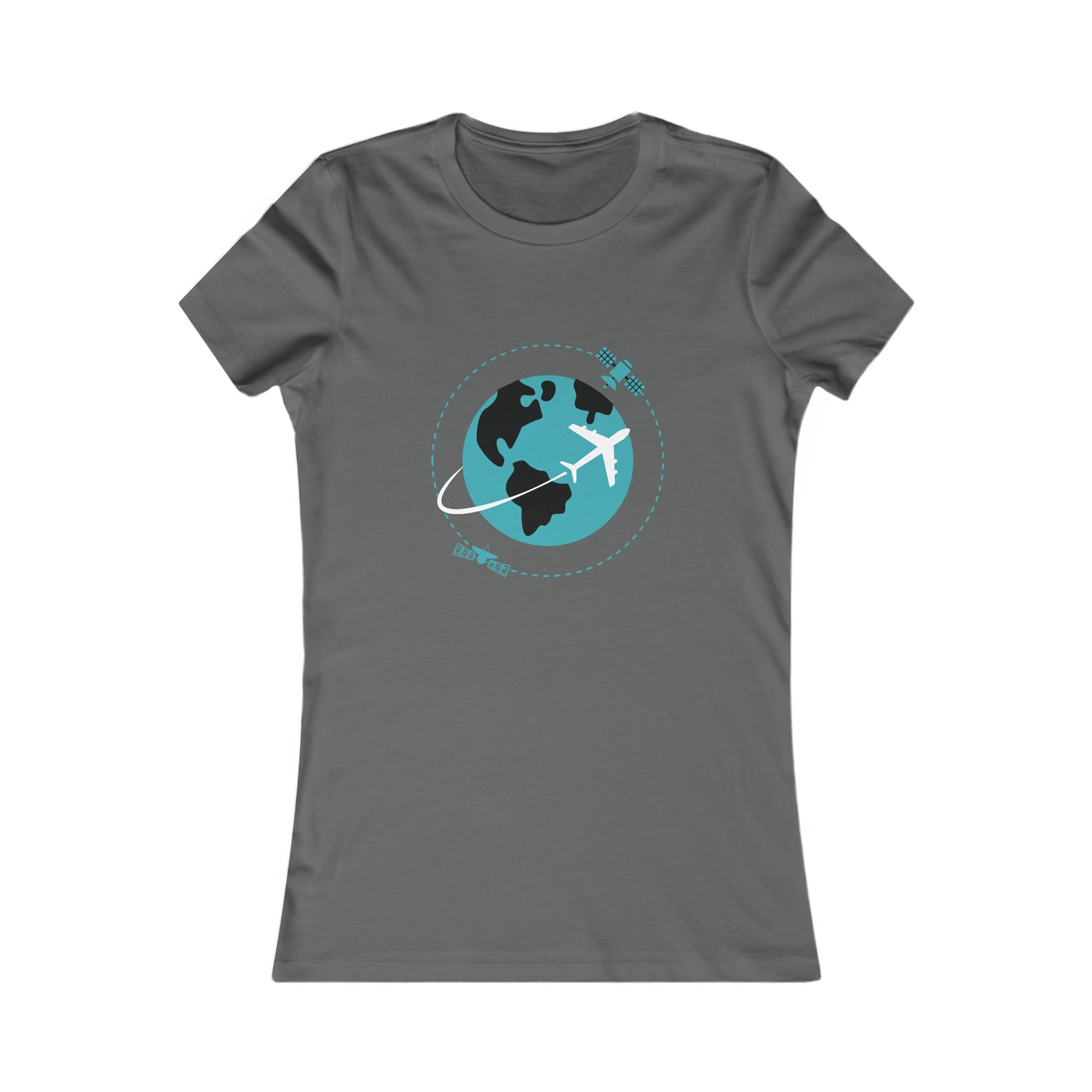 Gray Heather tee with image of earth with a plane flying across it and two satellites in orbit.