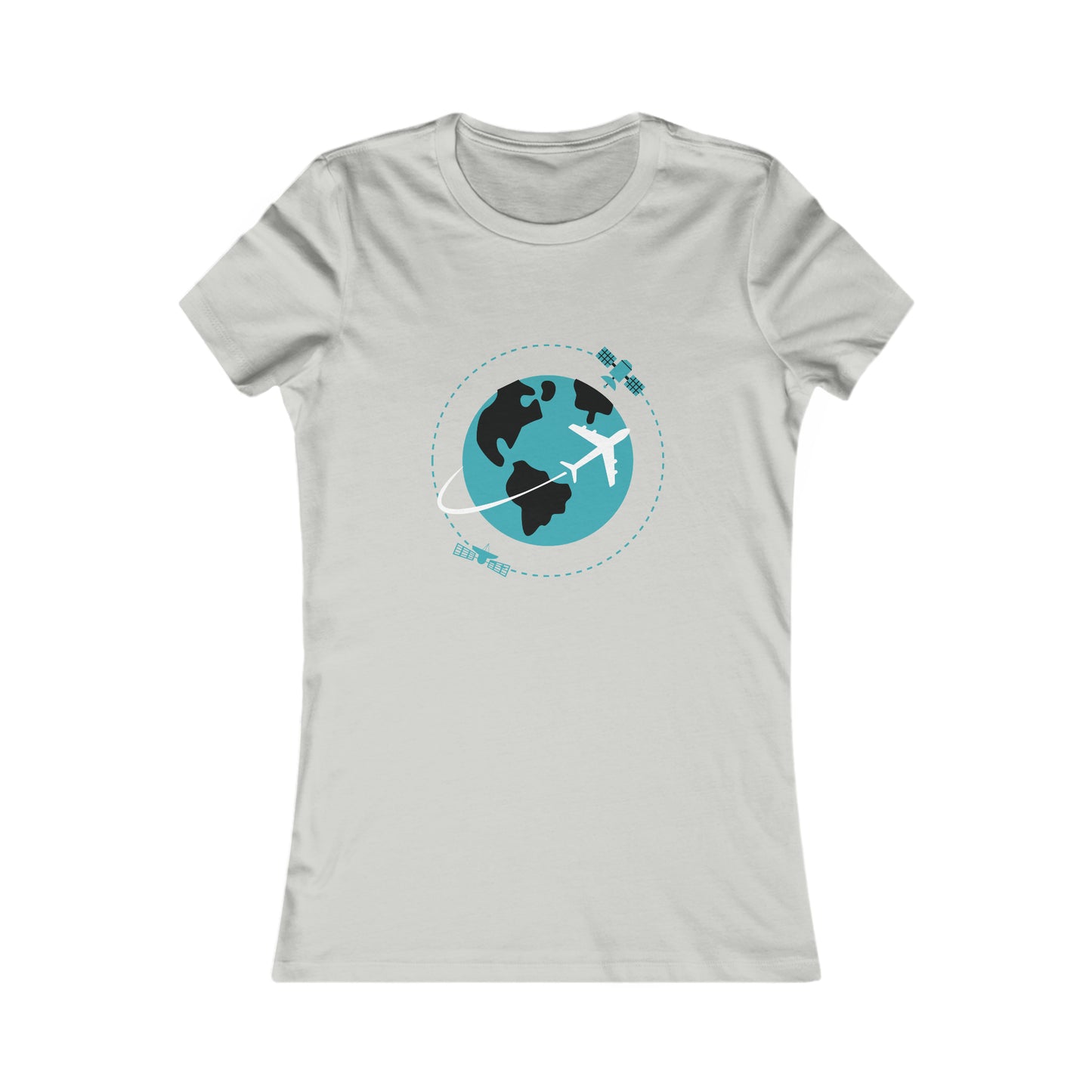 Silver tee with image of earth with a plane flying across it and two satellites in orbit.