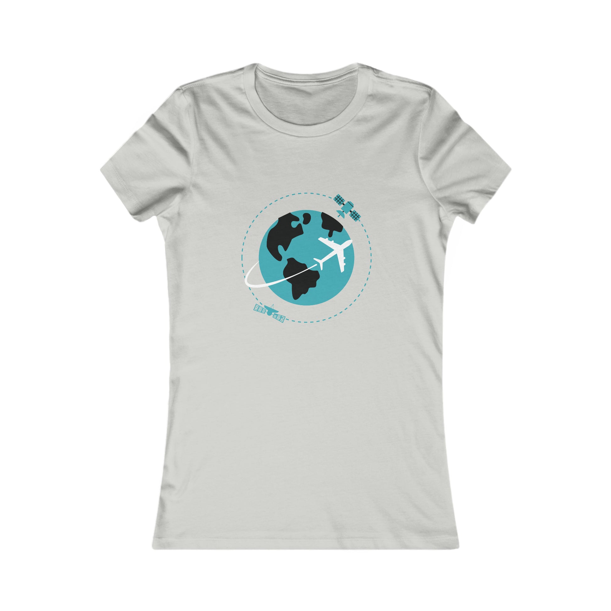 Silver tee with image of earth with a plane flying across it and two satellites in orbit.